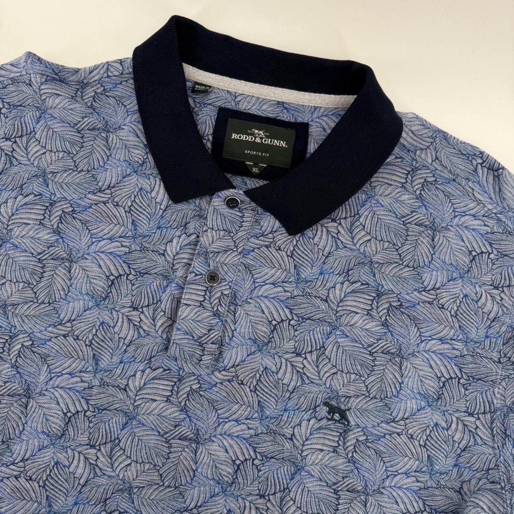 Rodd & Gunn Polo Shirt Mens XL Blue Leaf Print Sports Fit Short Sleeve KP1246